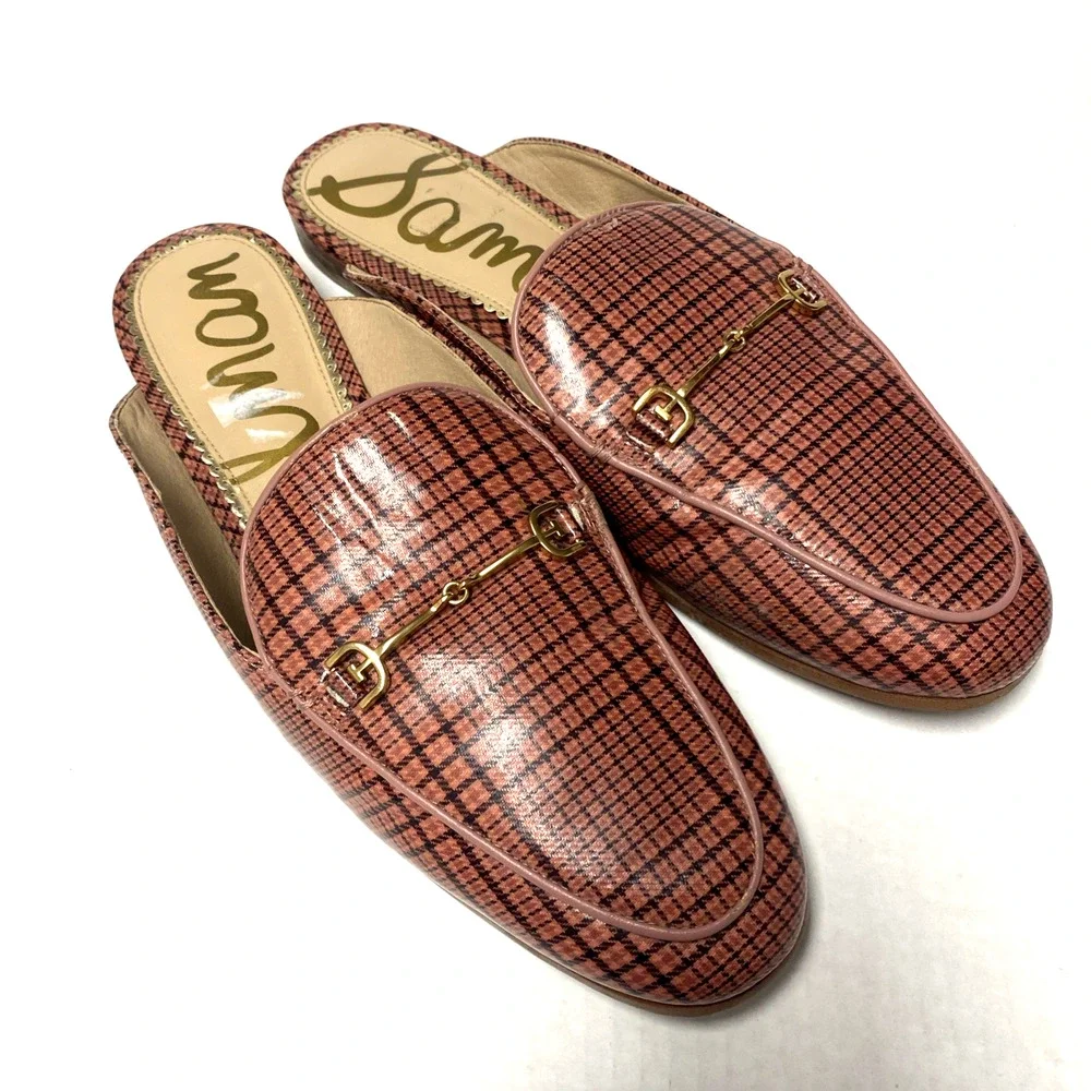Sam Edelman Linnie Bit Loafer Mule Red Flat Leather Slide Slip Plaid Gingham 10